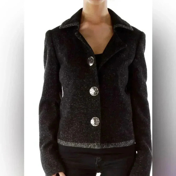 Elie Tahari Black Silver Buttoned Mottled Tweed Jacket - Picture 2 of 10